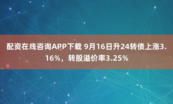配资在线咨询APP下载 9月16日升24转债上涨3.16%,转股溢价率3.25%